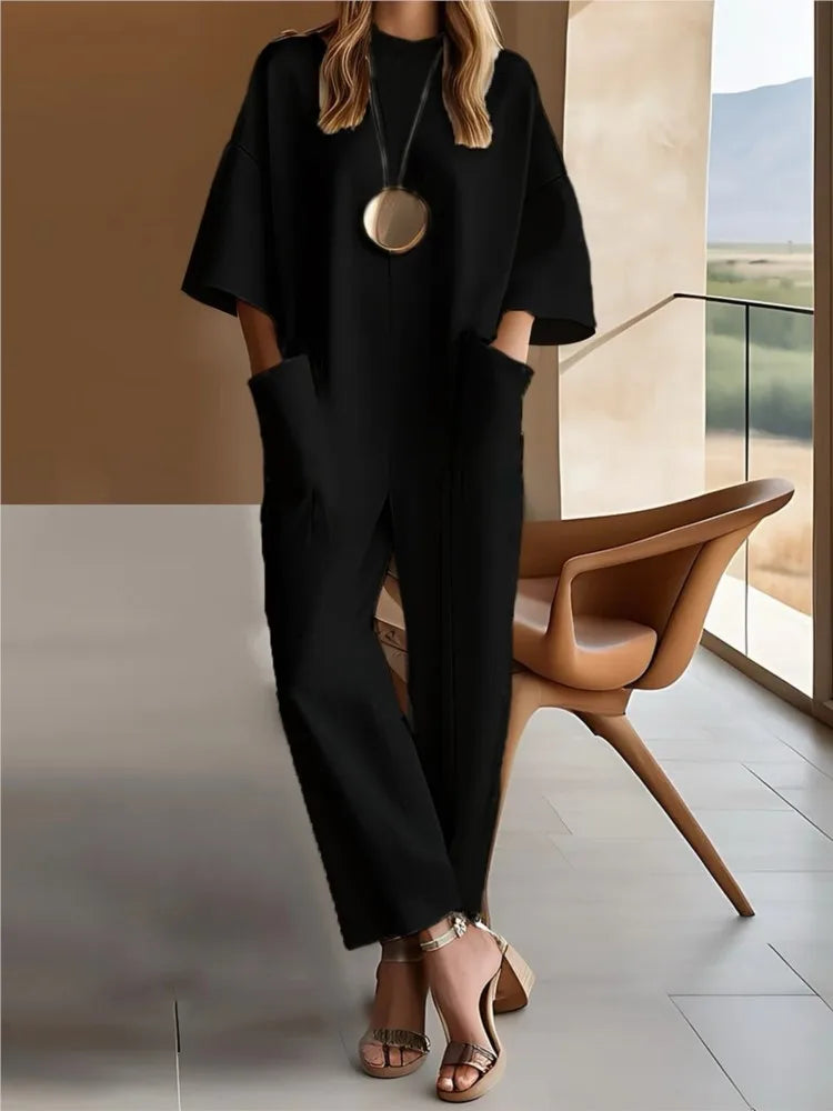 Women's Fashion Short-sleeved Jumpsuit Summer New Style Casual And Unique Loose Simple Pocket Solid Color Rompers Female 2025