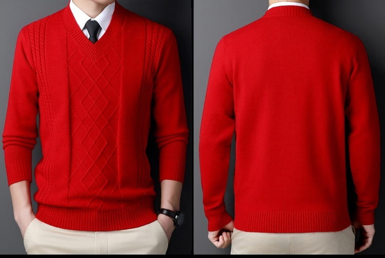 Roter V-Ausschnitt-Strickpullover für Herren mit diamantgemustertem Zopfstrick auf der Vorderseite, entworfen für lässige Winterkleidung.