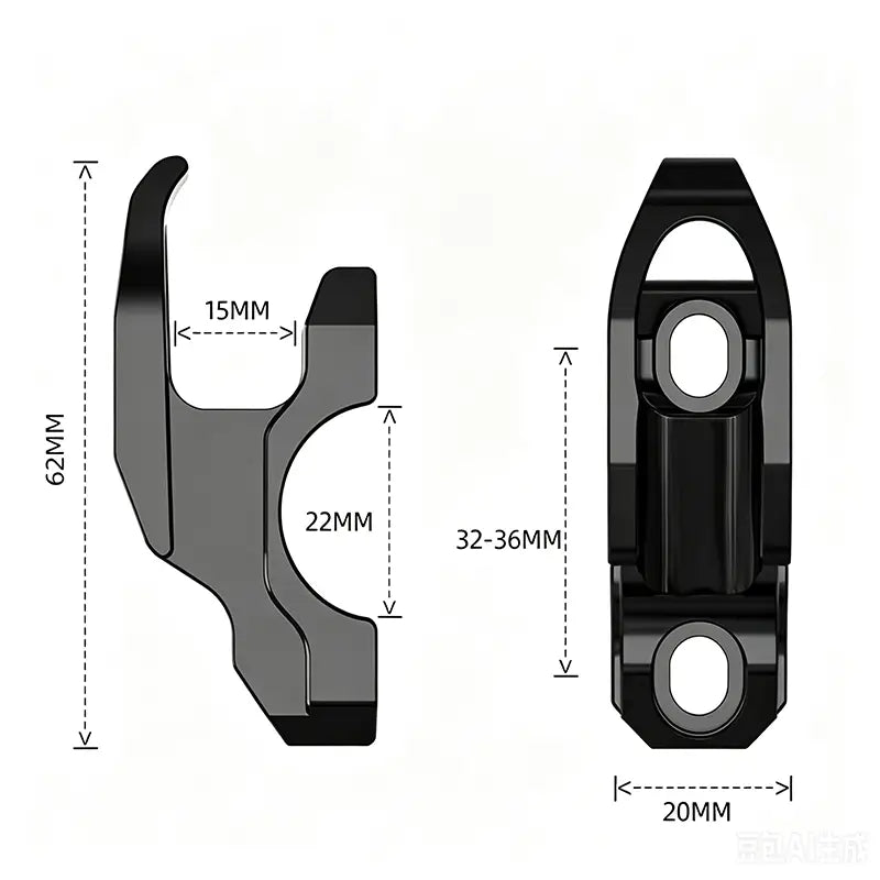 Schwarzer metallischer Cfmoto 800mt Lenker-Helmhalter-Haken mit eleganter, kantiger Gestaltung und präzisen Maßangaben, dargestellt von der Rückseite.