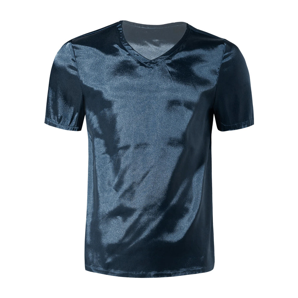 Men Male V Neck Short Sleeve Satin Casual T-Shirt Loose Pajamas Tops Tees Solid Color T Shirt Loungewear Sleepwear Nightwear