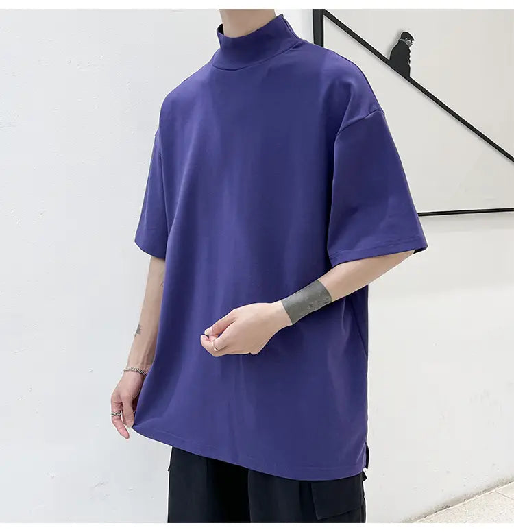 Purple oversized high neck short sleeve t-shirt for men featuring a relaxed fit suitable for casual streetwear.