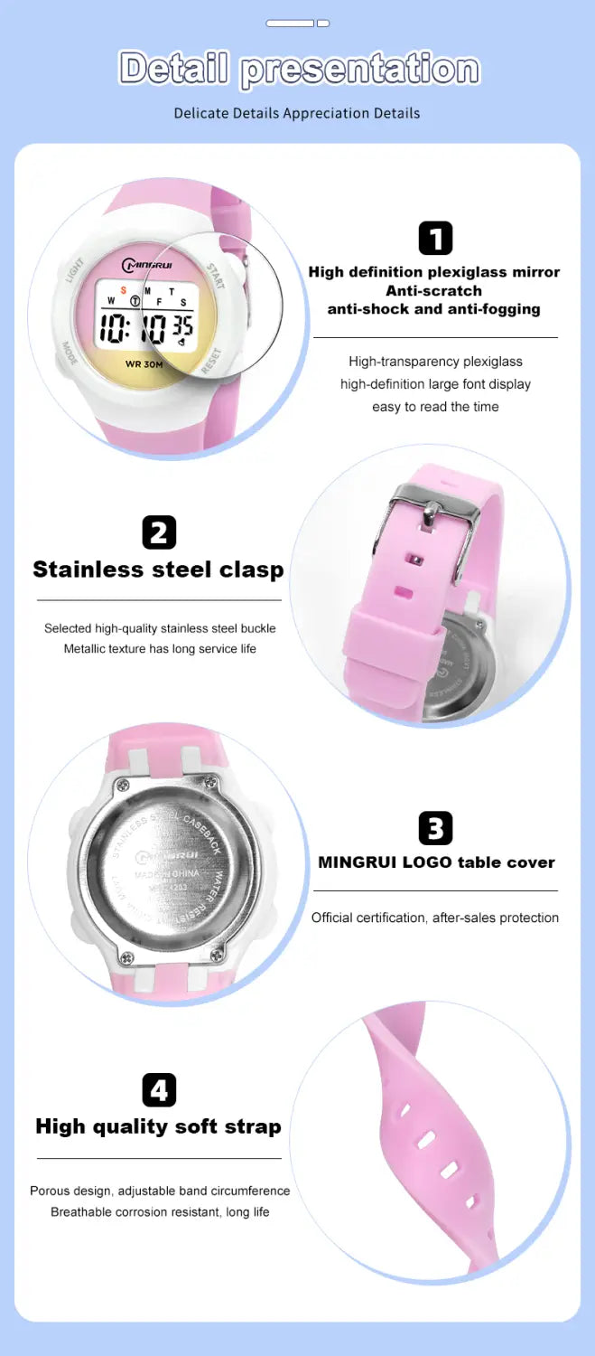 Pink kids waterproof digital sports watch with a soft strap and stainless steel clasp.