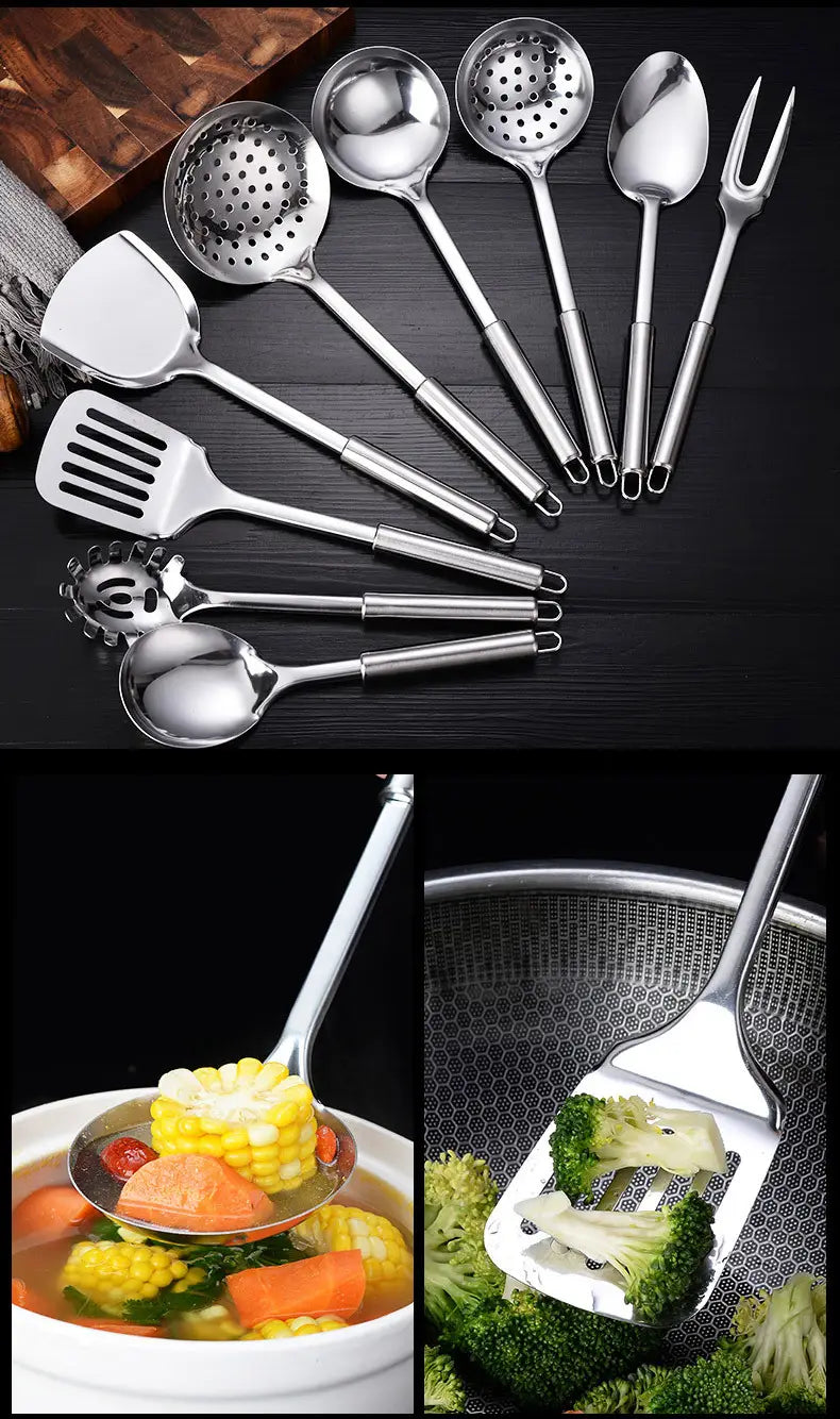 Set of nine stainless steel kitchen utensils with sleek reflective surfaces and ergonomic handles for cooking tools.