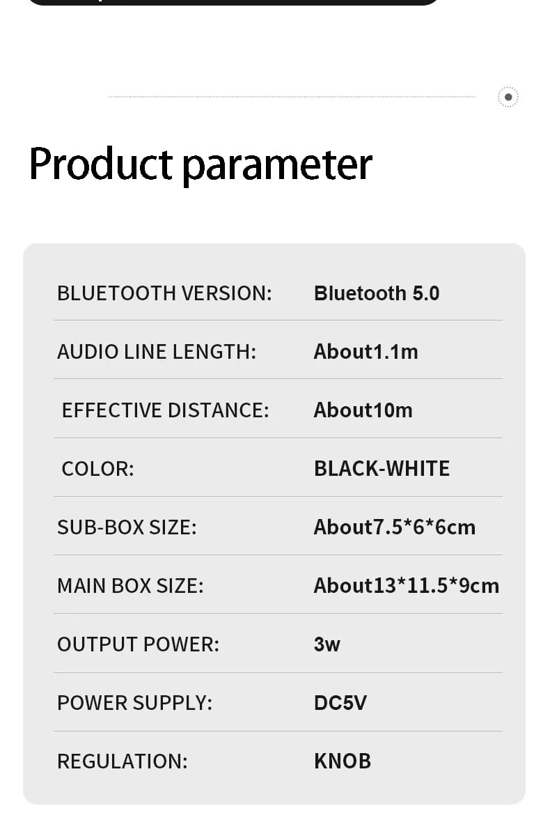Système d’enceinte de jeu Bluetooth 5.0 noir et blanc avec caisson de basses à DEL, avec une taille de sous-boîtier de 7,5 par 6 par 6 centimètres et une taille de boîtier principal de 13 par 11,5 par 9 centimètres, alimenté par dc5v.