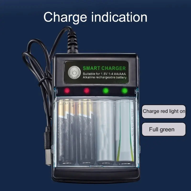 Black smart usb alkaline battery charger with four slots for aa and aaa rechargeable batteries featuring a clear plastic front and green red led charge indication lights
