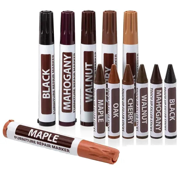Lot de dix stylos de retouche de peinture pour réparation de meubles en bois, de diverses couleurs de teinture, incluant noir, acajou, noyer, érable, chêne et cerisier, pour la restauration des rayures.