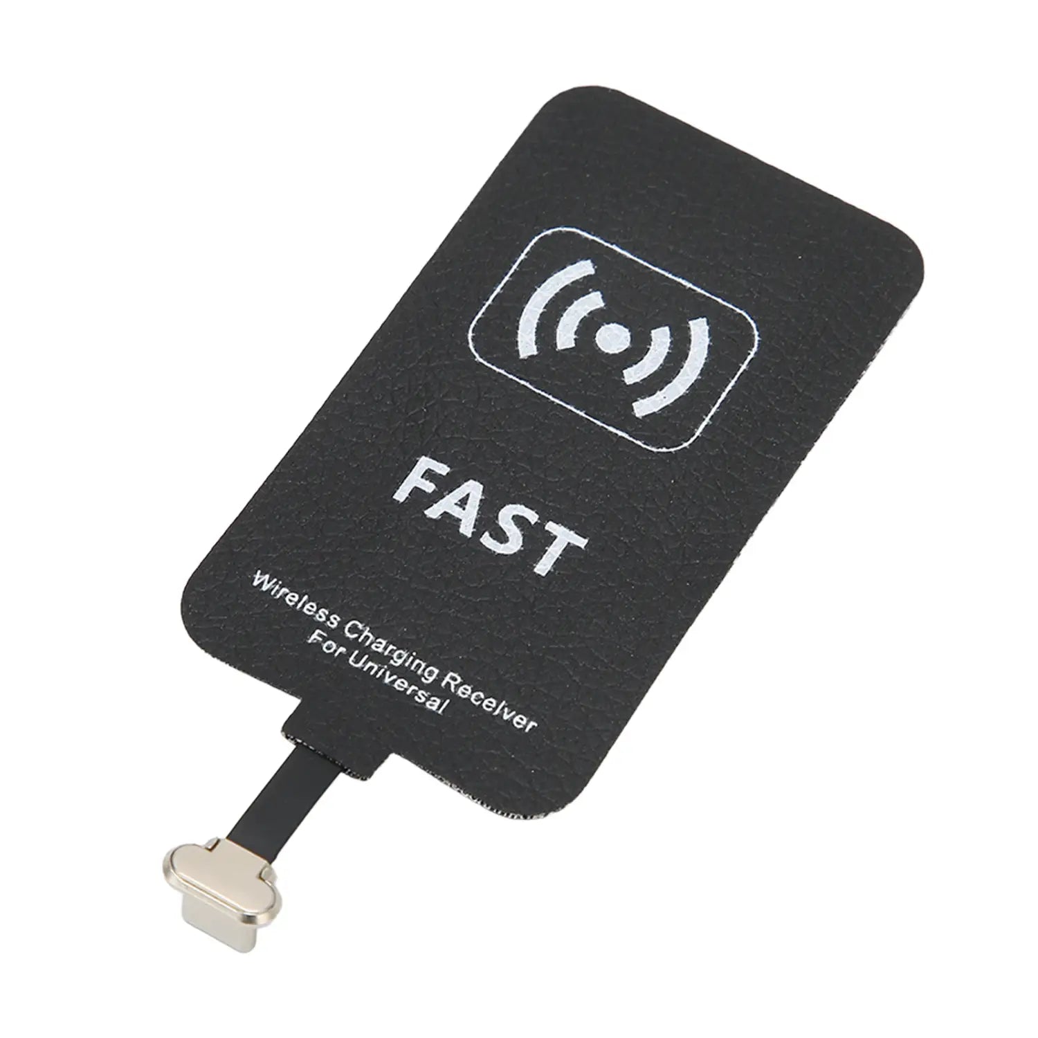 black rectangular wireless charging receiver with white fast branding and wi-fi symbol featuring a flexible strip with metallic type c connector designed for 10w wireless charging.