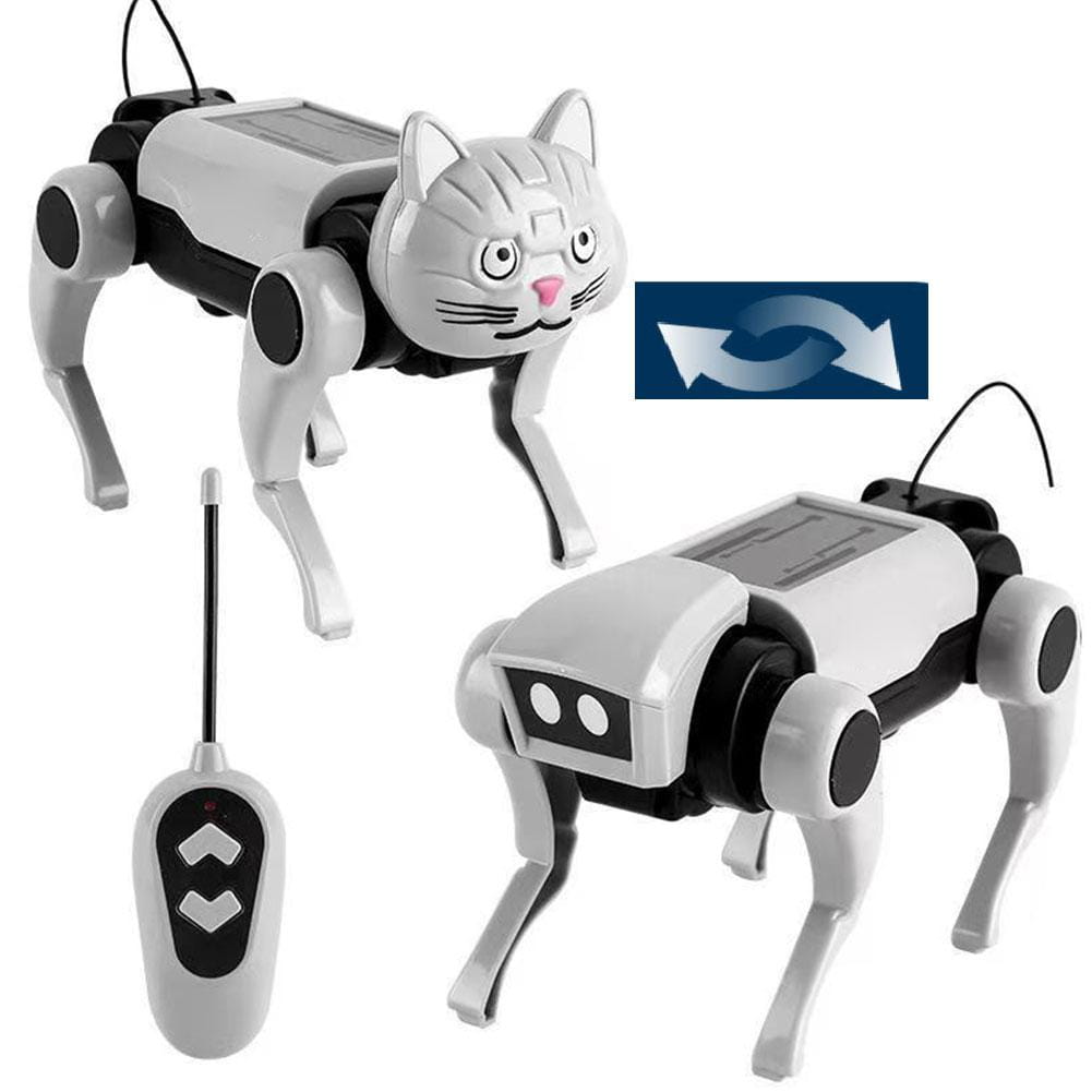 silver and black mechanical cat robot with a solar panel on its back designed as a diy mechanical dog electronic pet toy