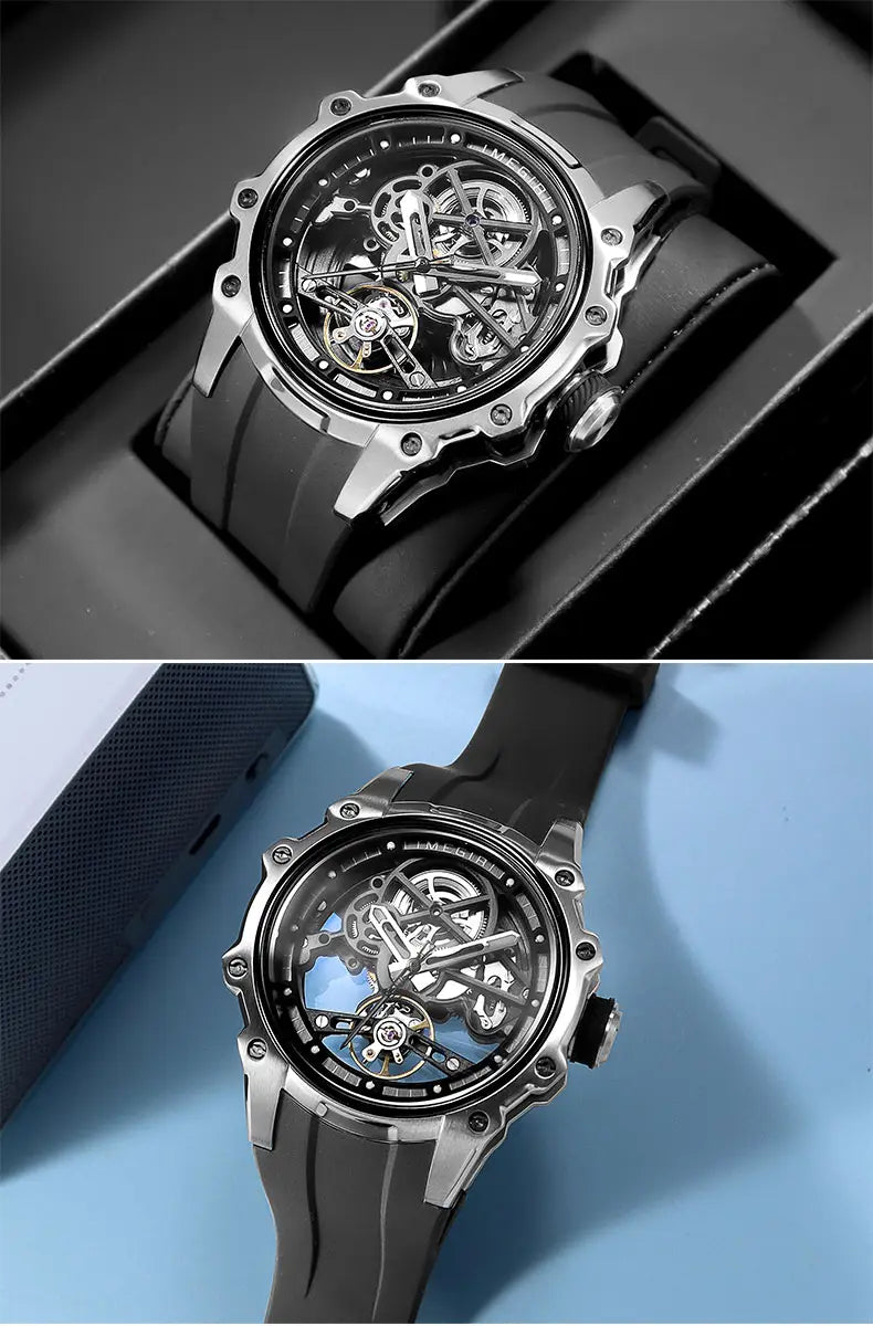Megir automatic skeleton watch features a sleek silver-toned case with exposed mechanical gears and a black silicone strap.
