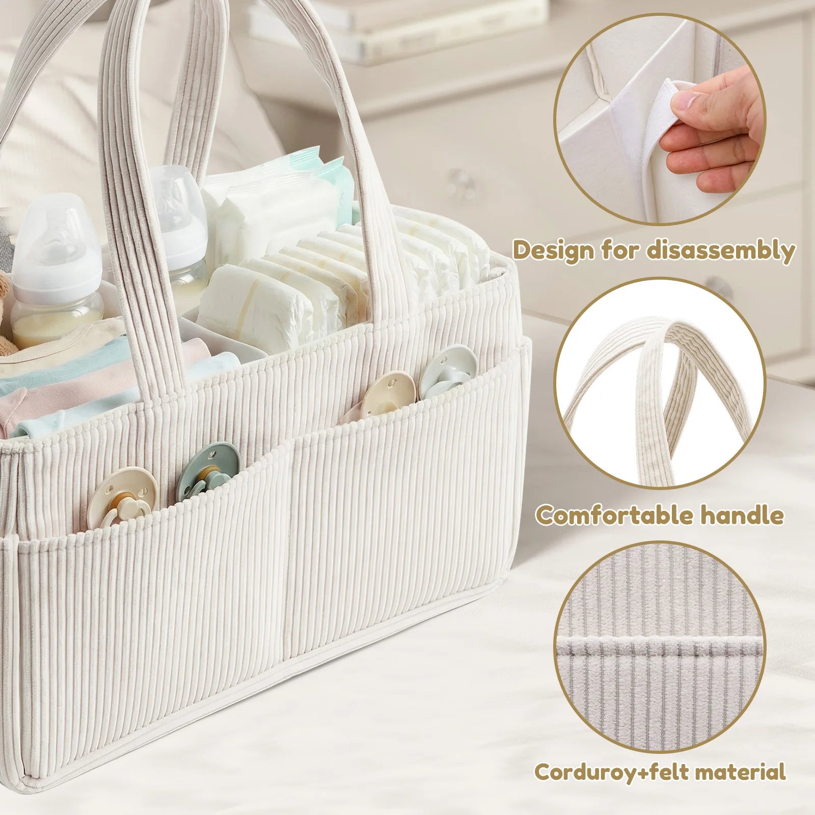 Baby Diaper Caddy Organizer Corduroy Diaper Storage Basket with Handle Foldable Multi-pocket Newborn Nappy Storage Organizer