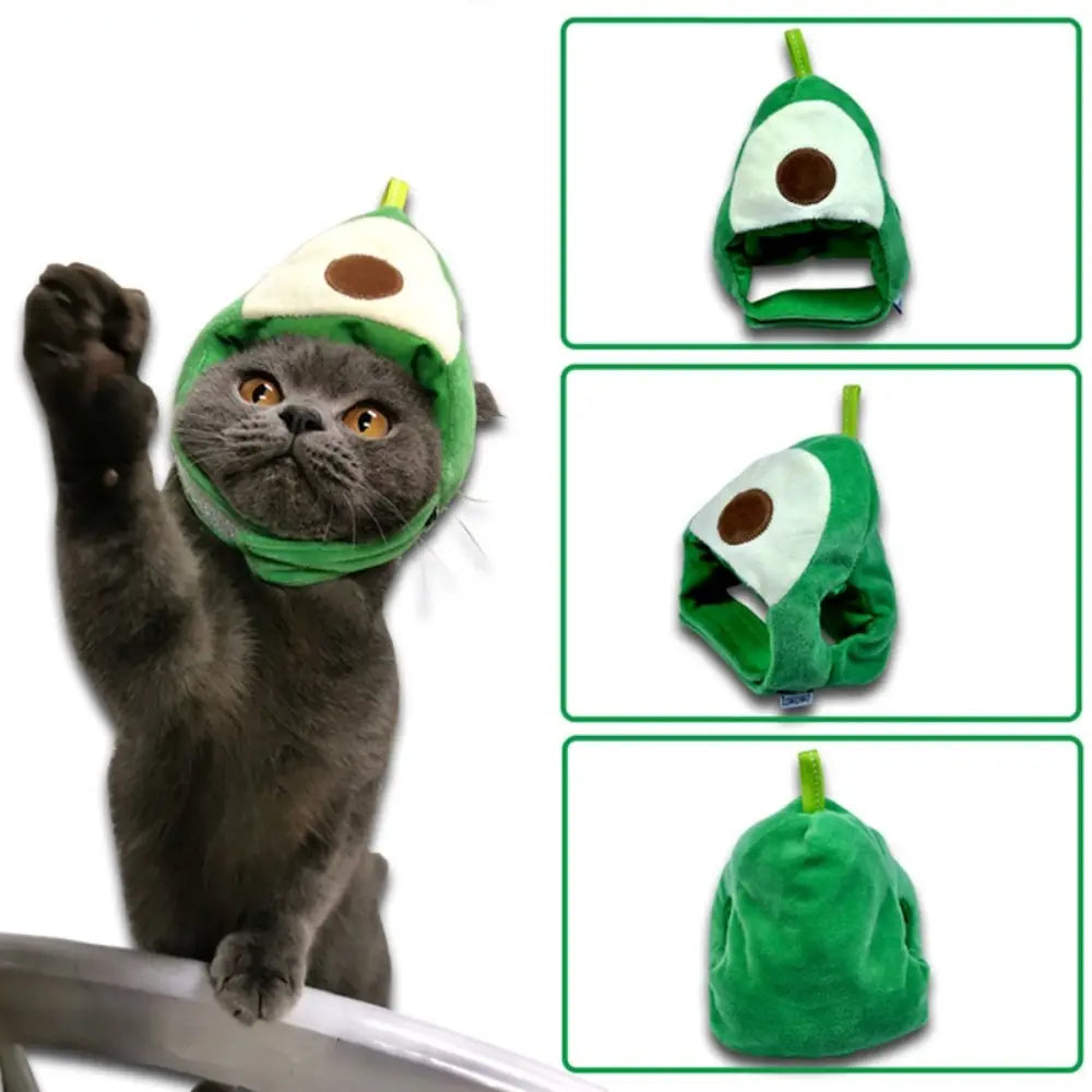 白と茶色のアクセントを配した緑色のぬいぐるみアボカド形の猫用ファニーハットで、果物の形をしたコスチューム用アクセサリーとして設計されています