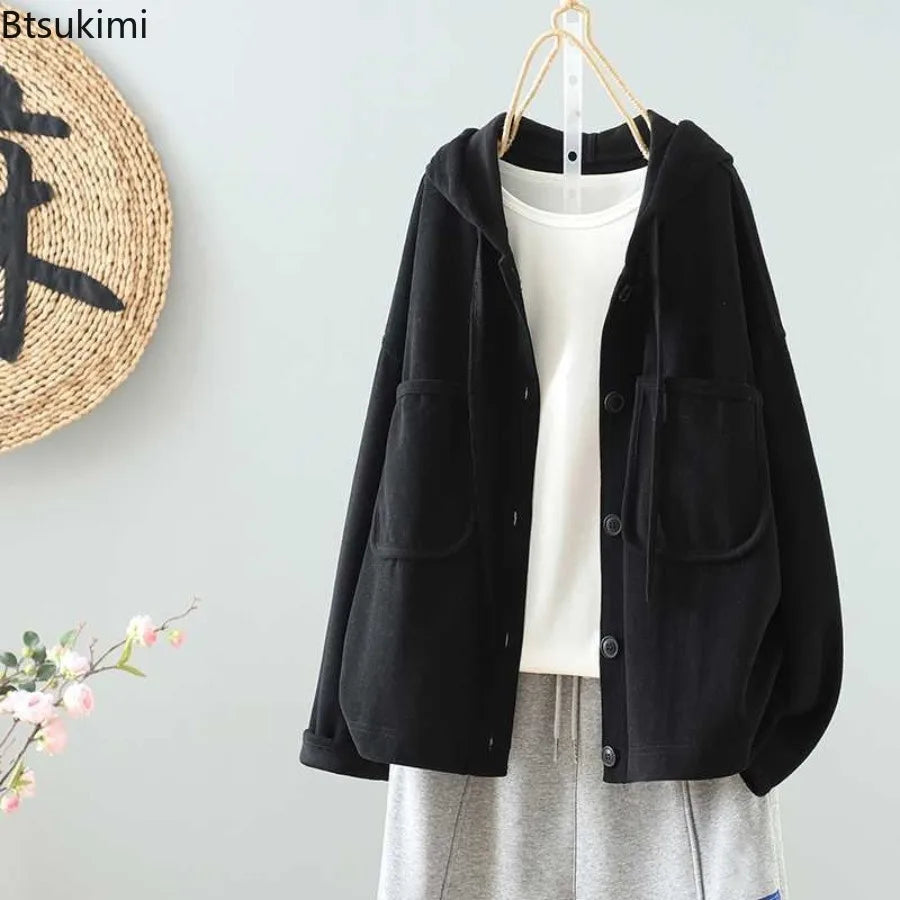 New Women's Casual Loose Hoodies Solid Color Cotton Simple Coats Spring Autumn Double Pockets Hooded Jackets Women Sweatshirts