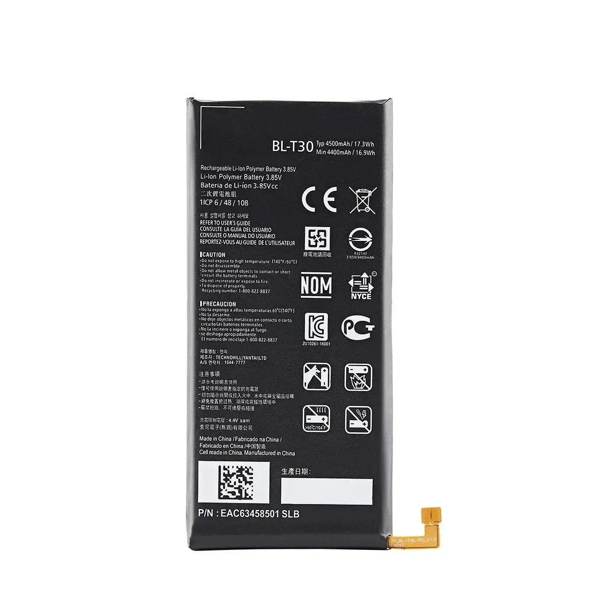 original bl-t30 battery for lg x power 2 m320f m320n m322 showing black rectangular lithium polymer battery with gold-colored flexible connector and multilingual safety warnings for models l64vl m320f m320n power2 l64vl m320f m320f m320n m322