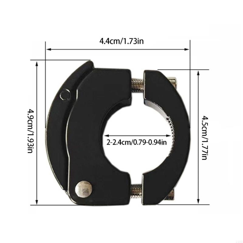 Black metal bicycle stem clamp with adjustable screw mechanism shown from the back side for aluminum bike handlebar bag hook for scooters.