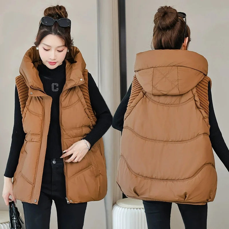 Winter Down Cotton Vest Jacket Women 2025 New Sleevele Jacket Hooded Parkas Warm Vest Coat Female Waistcoat Overcoat Ladies Tops