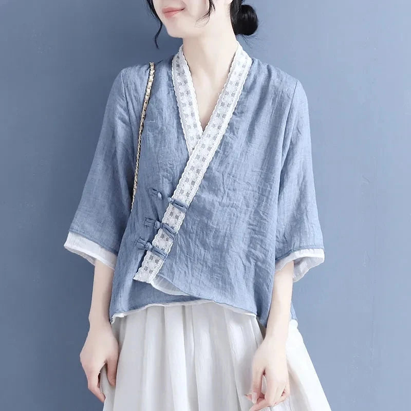 Ethnic Styly Women Tops New Summer Slanted Lapel Three-quarter Sleeve Shirts Vintage Lace V-Neck Loose Cotton Linen Shirt Blouse