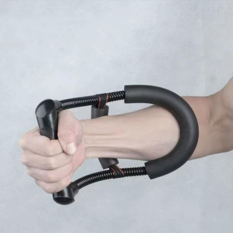 Adjustable forearm strength trainer featuring a black rubber-coated spring hand gripper with textured handles made of electroplated carbon steel for effective fitness training.