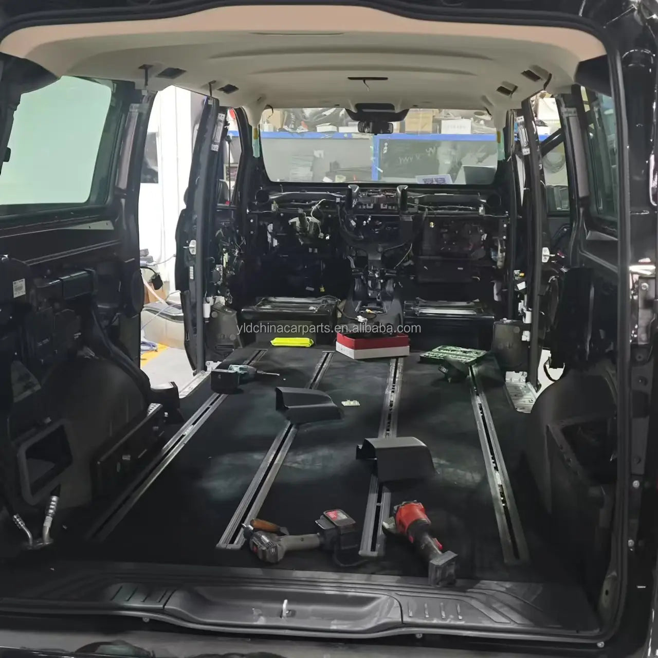 black metal floor rails with integrated slide tracks for vehicle interior assembly featured in the universal rv swivel seat base and slide rail product.