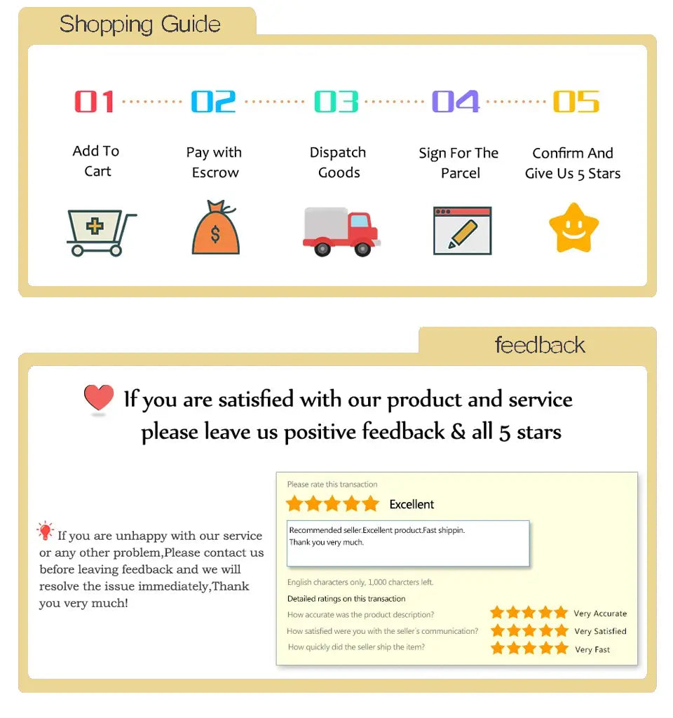 Shopping guide showing a five-step process with icons and a customer feedback section for the walkie talkie single sided mono earphone with 3.5mm connector.