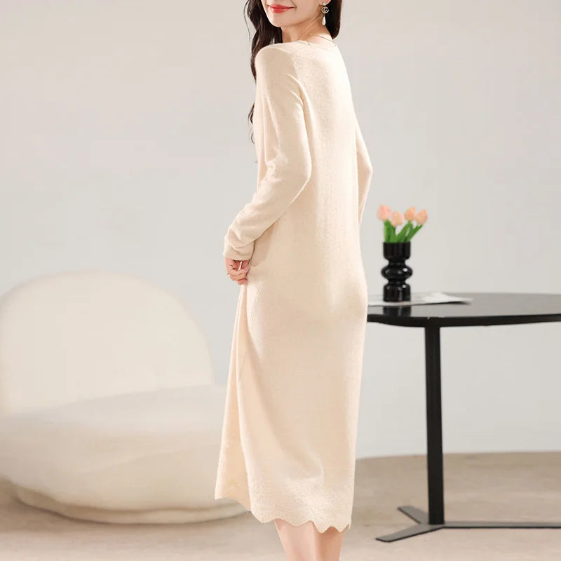 100% Pure Wool Women's Long Dress Winter Loose Round Neck Pullover Sweater Skirt Knit Bottoming Dress
