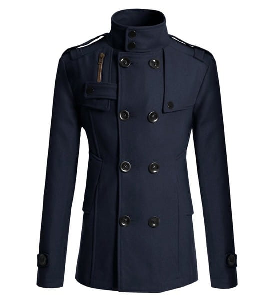 Navy blue double breasted warm woolen coat for men featuring black buttons and a stand-up collar.