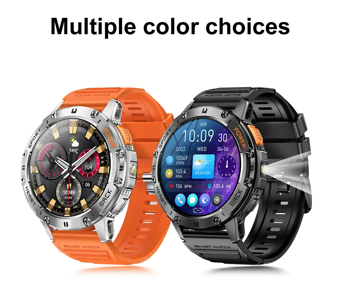amoled smart watch with heart rate detection featuring one watch with an orange silicone strap and silver metallic case with gold-tone accents and another with a black rubber strap and dark gray casing, both designed for accurate heart rate monitoring.