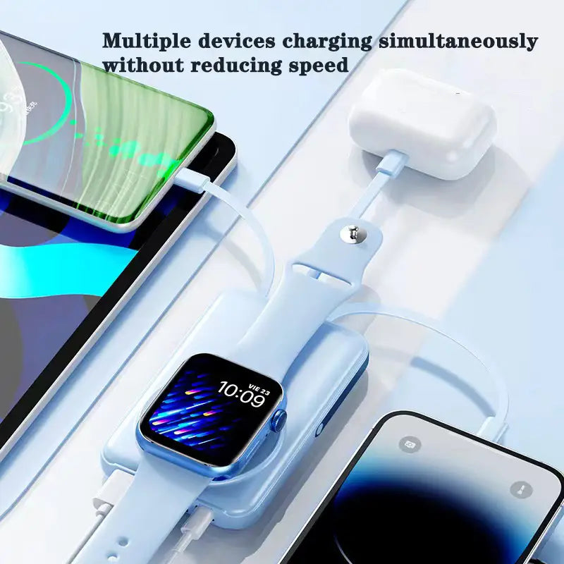 Heller blauer kabelloser Magnet-Akkupack mit 10000 mAh Schnellladefunktion, mit integriertem kabellosen Mehrgeräte-Ladepad und Steckplätzen für Smartwatch, Smartphone und AirPods-Gehäuse.
