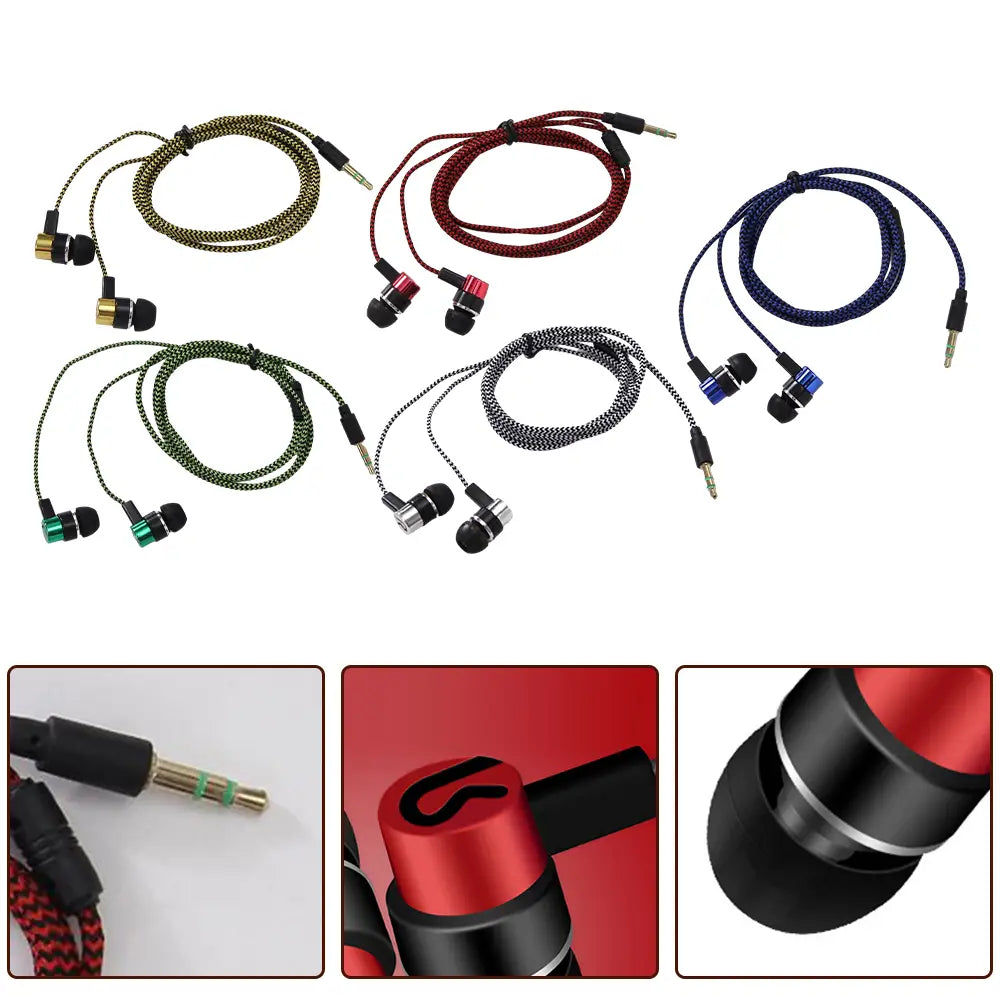 in-ear wired headphones with bass stereo effect featuring colorful braided cables in-knit design metallic accents and interchangeable colored housings with volume control