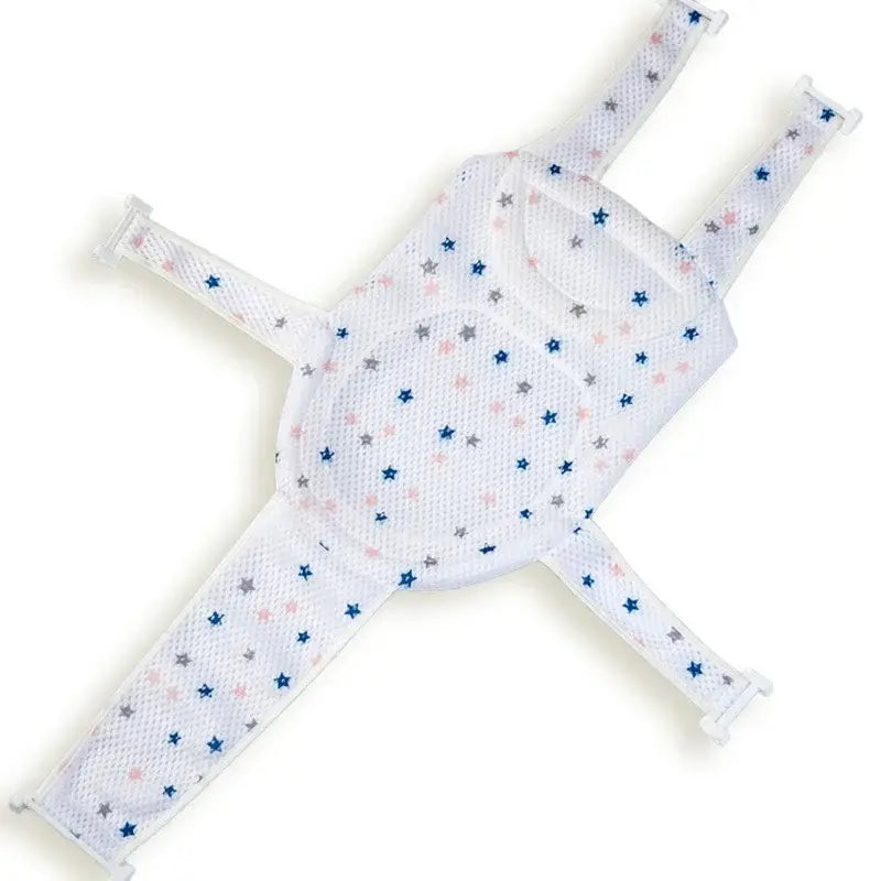 weißes Netz-Baby-Badewannenmattenkissen mit verstellbarem Neugeborenen-Unterstützungskissen, mit einem Sternmuster in Blau, Rosa und Grau.