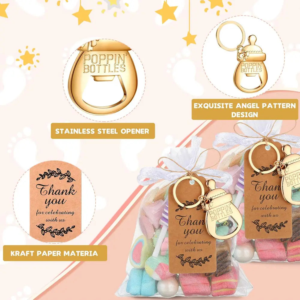 Gold baby bottle-shaped stainless steel keychain bottle opener engraved with poppin bottles for baby shower bottle opener favors set.