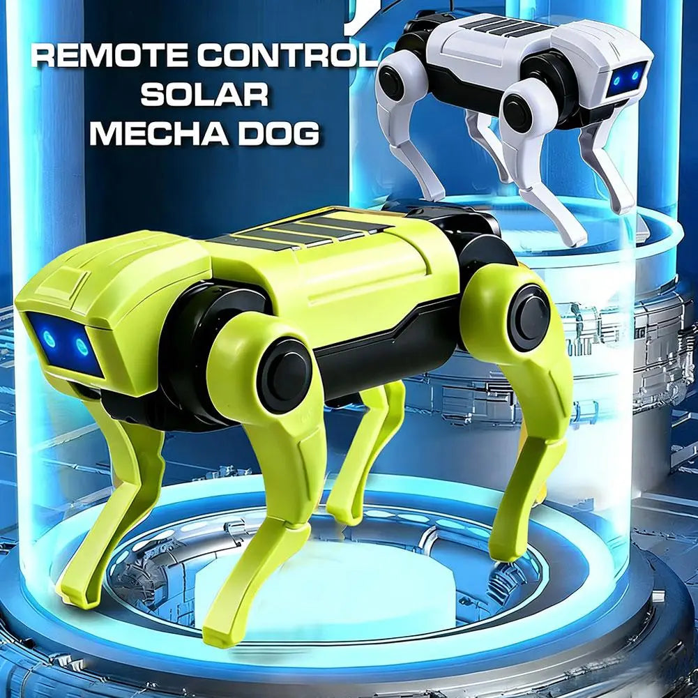 Vibrant lime green and black mechanical dog toy with blue glowing eyes remote controlled electronic pet for diy robot kit.