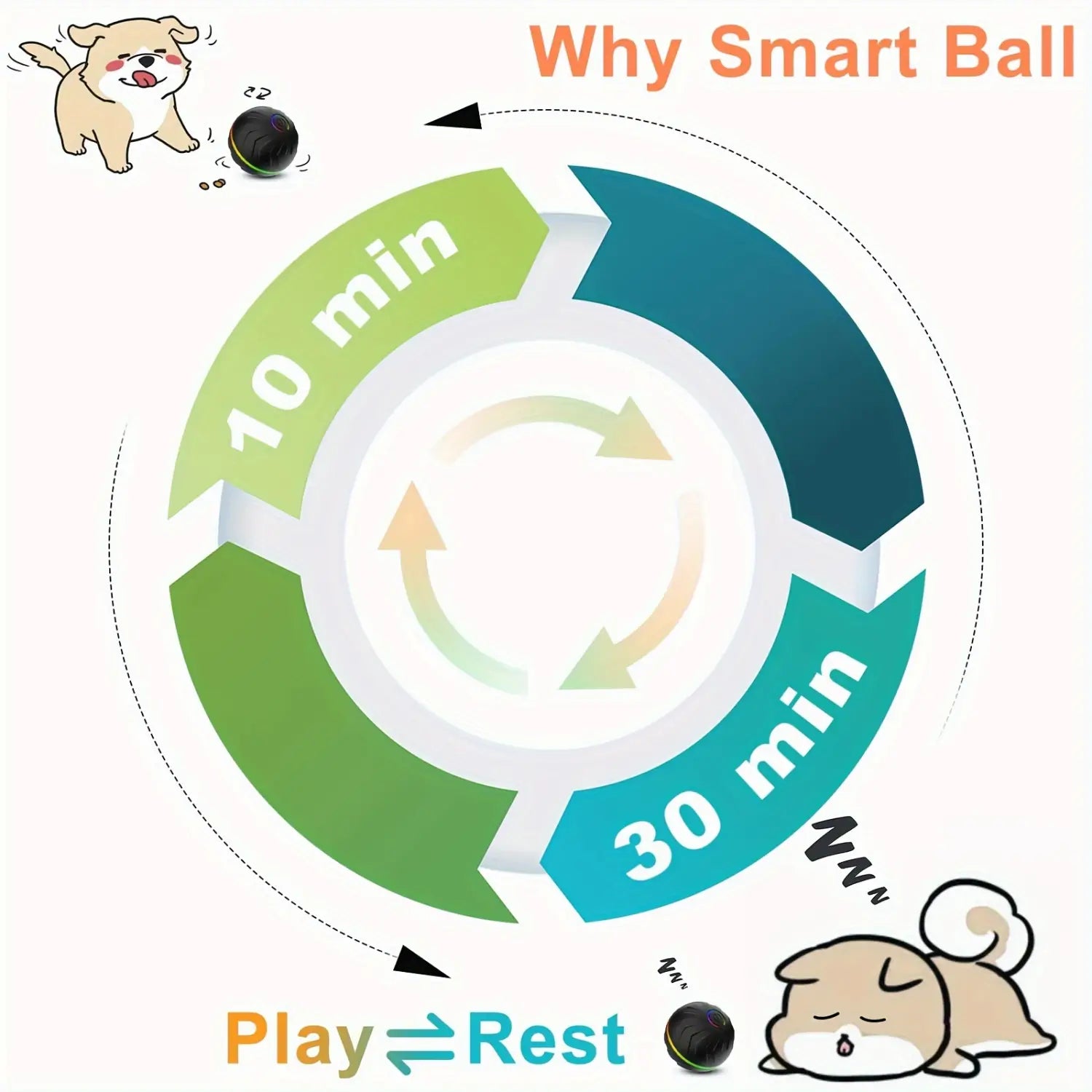Black textured smart rolling ball interactive dog toy with green and teal circular graphics indicating 10-minute play and 30-minute rest cycles for toys type use.