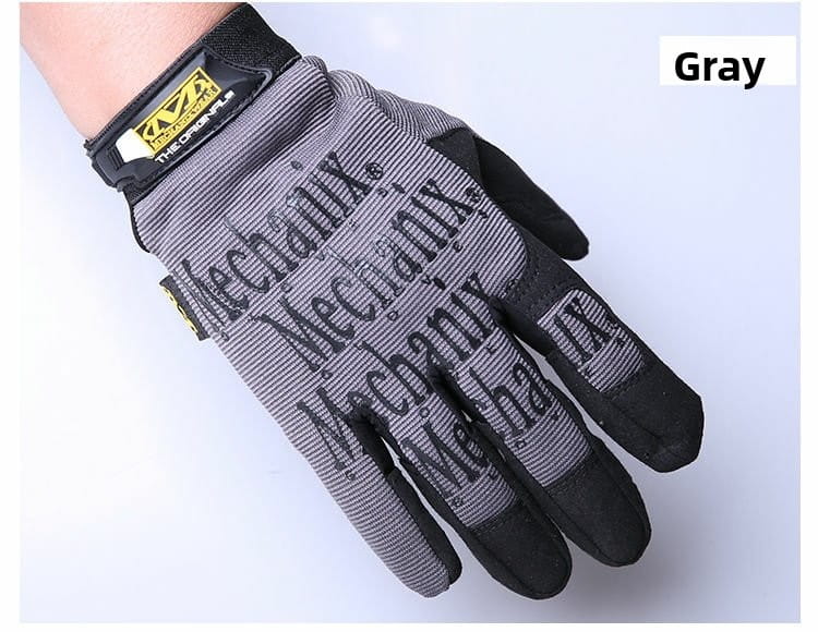 Herren-Fahrradhandschuhe mit vollständigen Fingern in Grau von Mechanix, mit schwarzen Fingerspitzen, verstärkter Handfläche und einem langlebigen Mesh-Design, von der Rückseite dargestellt.