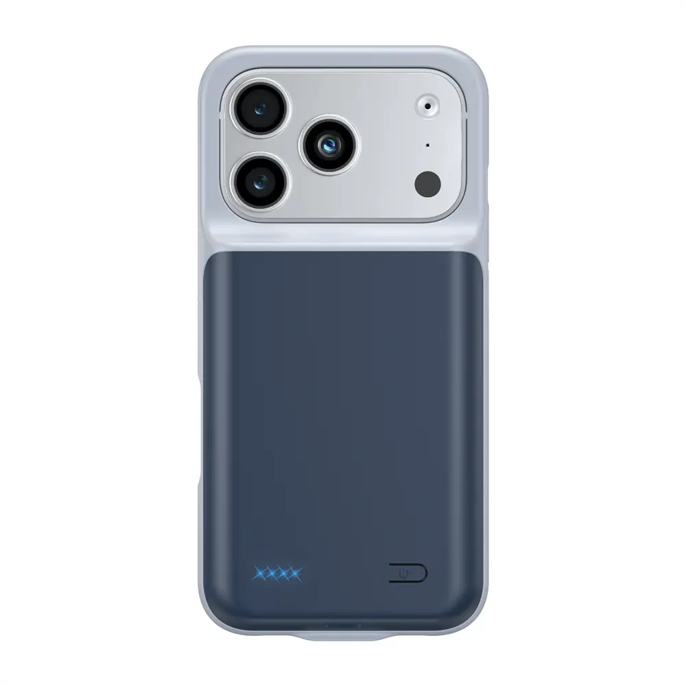 Die Rückseite einer eleganten zweifarbigen Pro-Max-Akku-Ladehülle für iPhone 16- und 17-Serien mit silbernem Kameramodul und dunkelblauem Akkupack