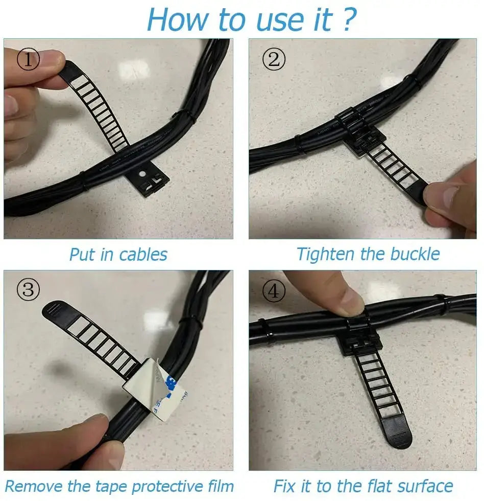 Abrazadera ajustable de soporte para brida de plástico negro con agarre tipo escalera y respaldo adhesivo para asegurar cables en superficies planas.