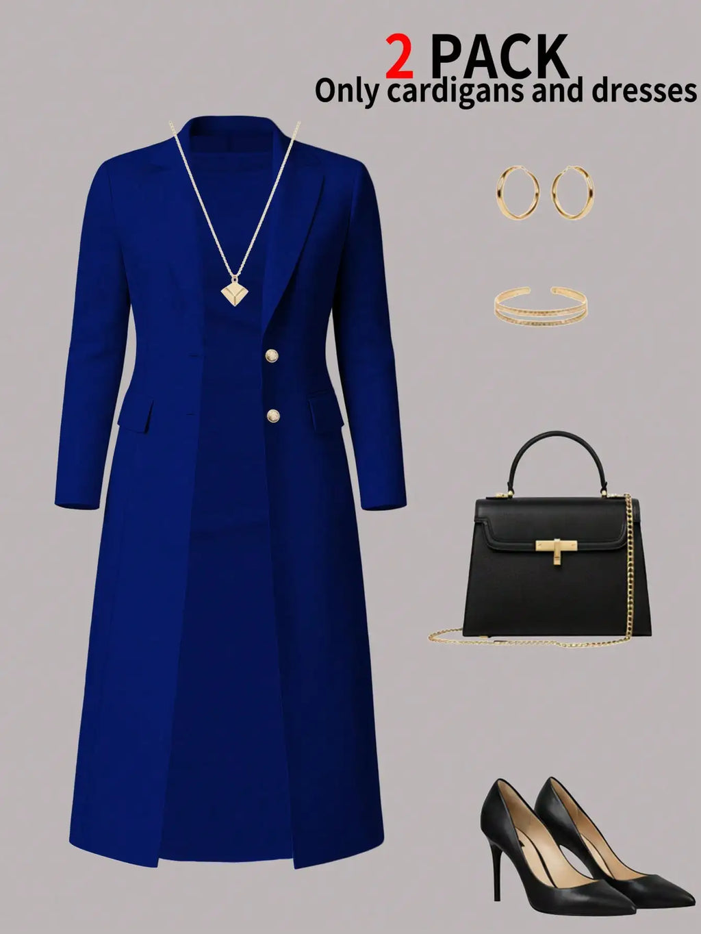 Women's New Autumn and Winter Elegant Set: Solid Color Long-Sleeved Open-Front Blouse, Long Coat + Versatile Fitting Mid-Length Sleeveless Buttoned Dress Two-Piece Set