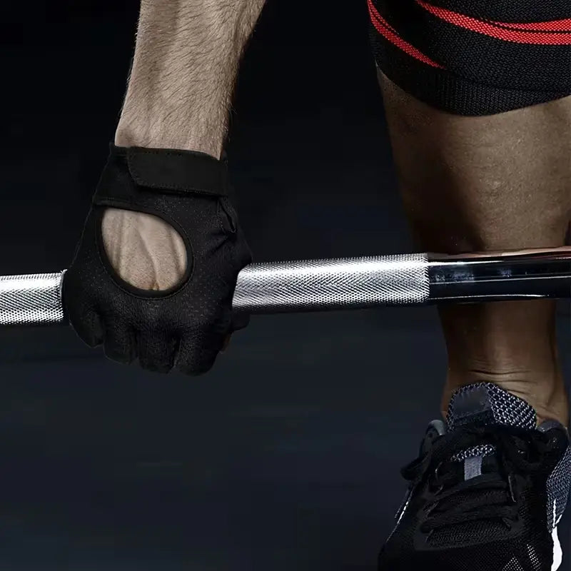 Black fingerless weightlifting glove with breathable material, textured grip, and adjustable strap for gym exercise fitness use.