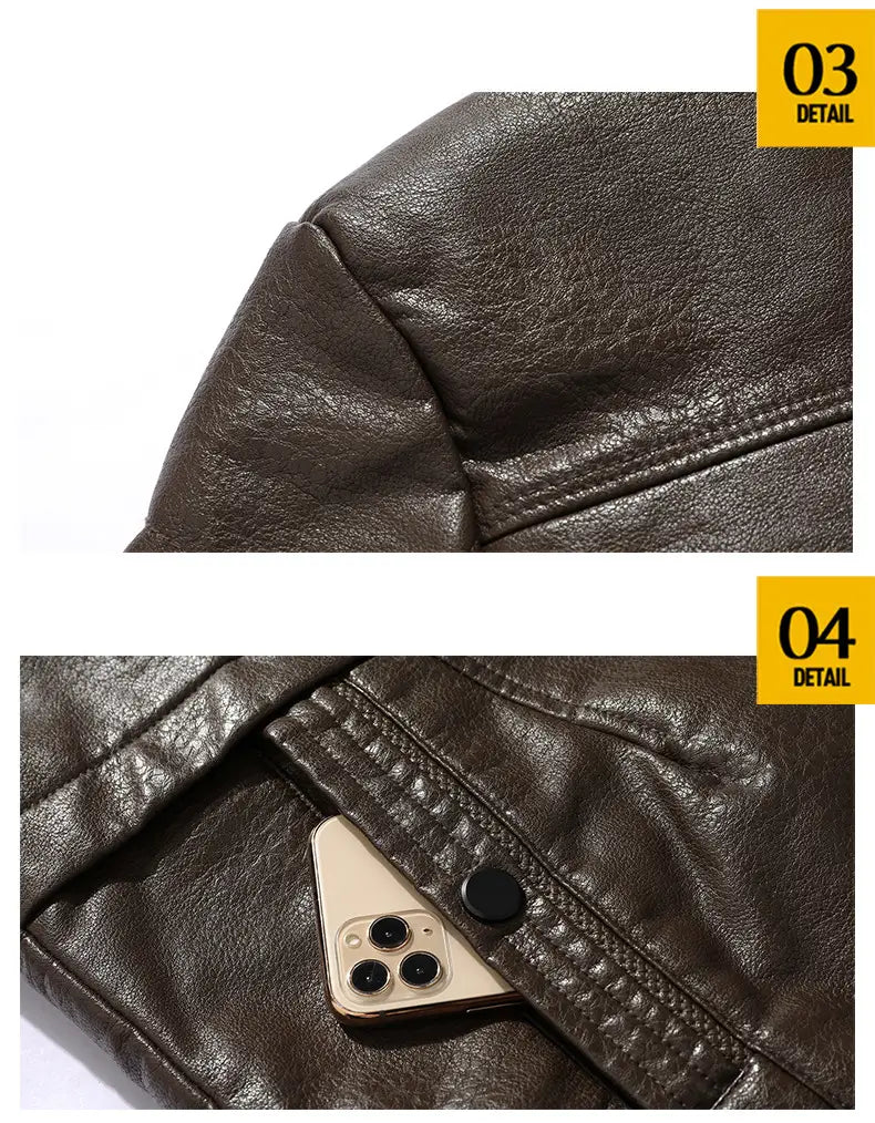gabardina de cuero sintético color marrón oscuro para hombre, con un acabado sutilmente texturizado, costuras cosidas y forro de vellón para uso en invierno