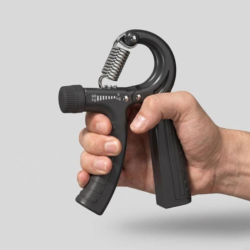 Black plastic hand gripper with adjustable spring tension marked in kilograms as part of a 6-in-1 ab roller wheel set with real time tracking.