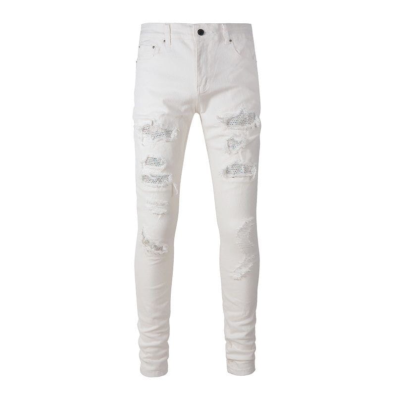 Jean blanc délavé pour homme en denim à coupe ajustée, très près du corps, agrémenté de strass, avec des ornements en strass étincelants au niveau des zones déchirées.