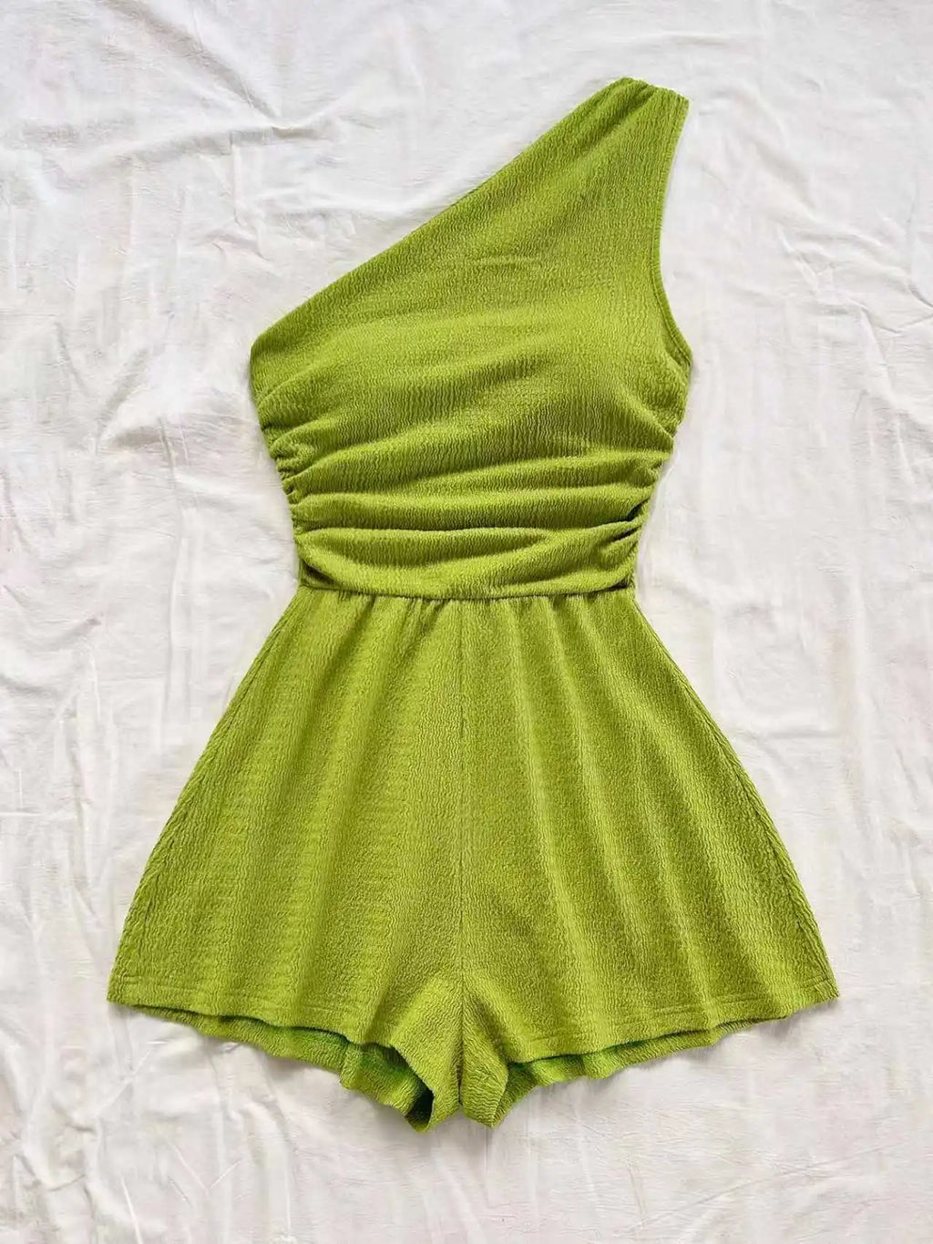 Women One Shoulder Ruched Romper Textured Sleeveless Jumpsuit Wide Leg Shorts Playsuit Casual Summer Beach Vacation Outfits