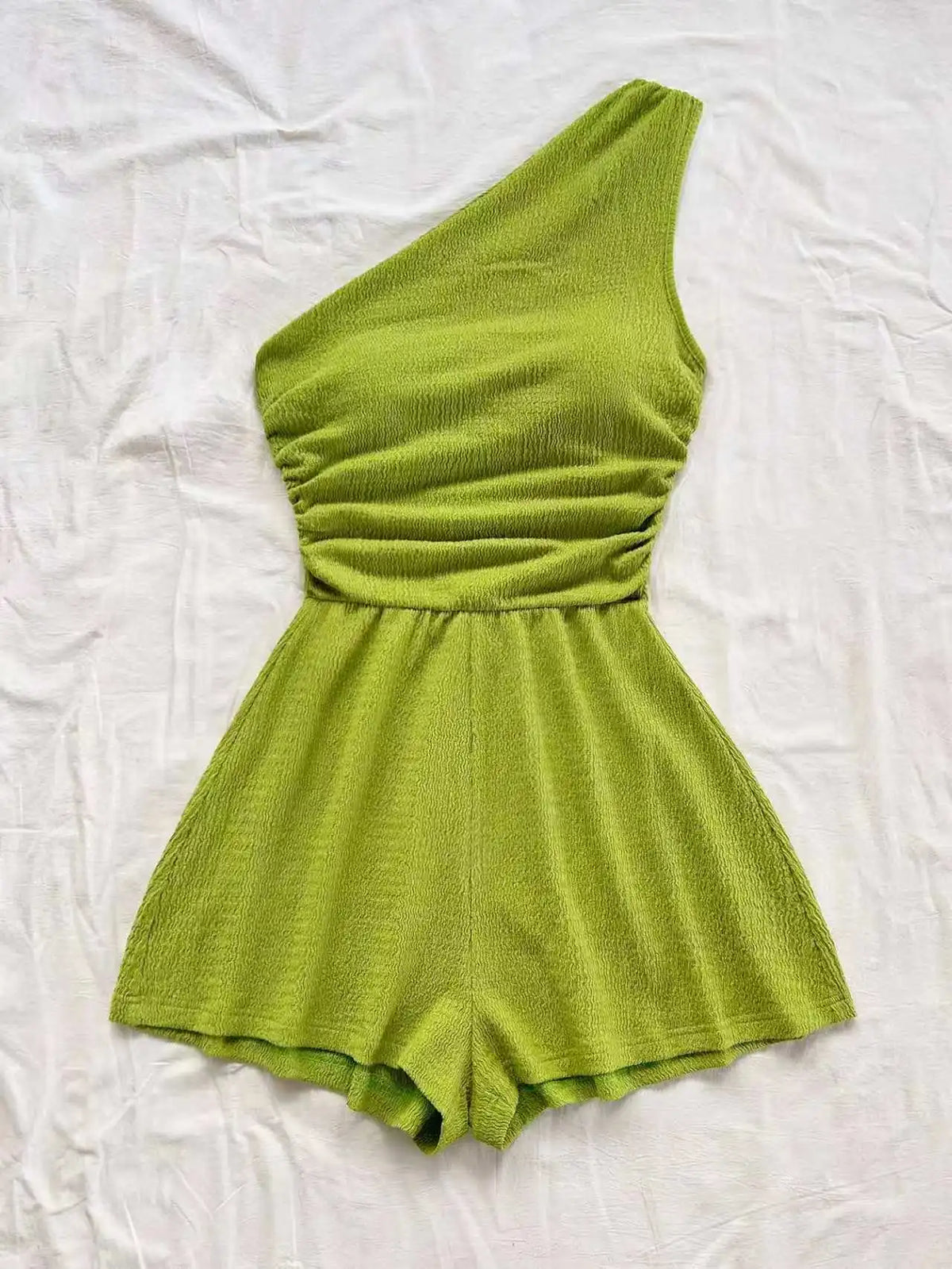 Women One Shoulder Ruched Romper Textured Sleeveless Jumpsuit Wide Leg Shorts Playsuit Casual Summer Beach Vacation Outfits