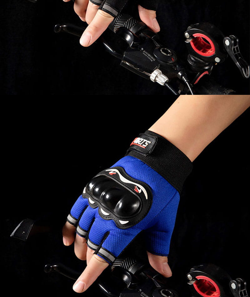 Herren- Motorrad-Taktik-Handschuh mit halben Fingern: blaues fingerloses Design mit schwarzem schützendem Polster und grauem Besatz auf der Rückseite.