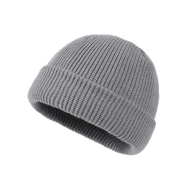 gray ribbed knit winter beanie hat with a folded cuff designed as a warm unisex cap