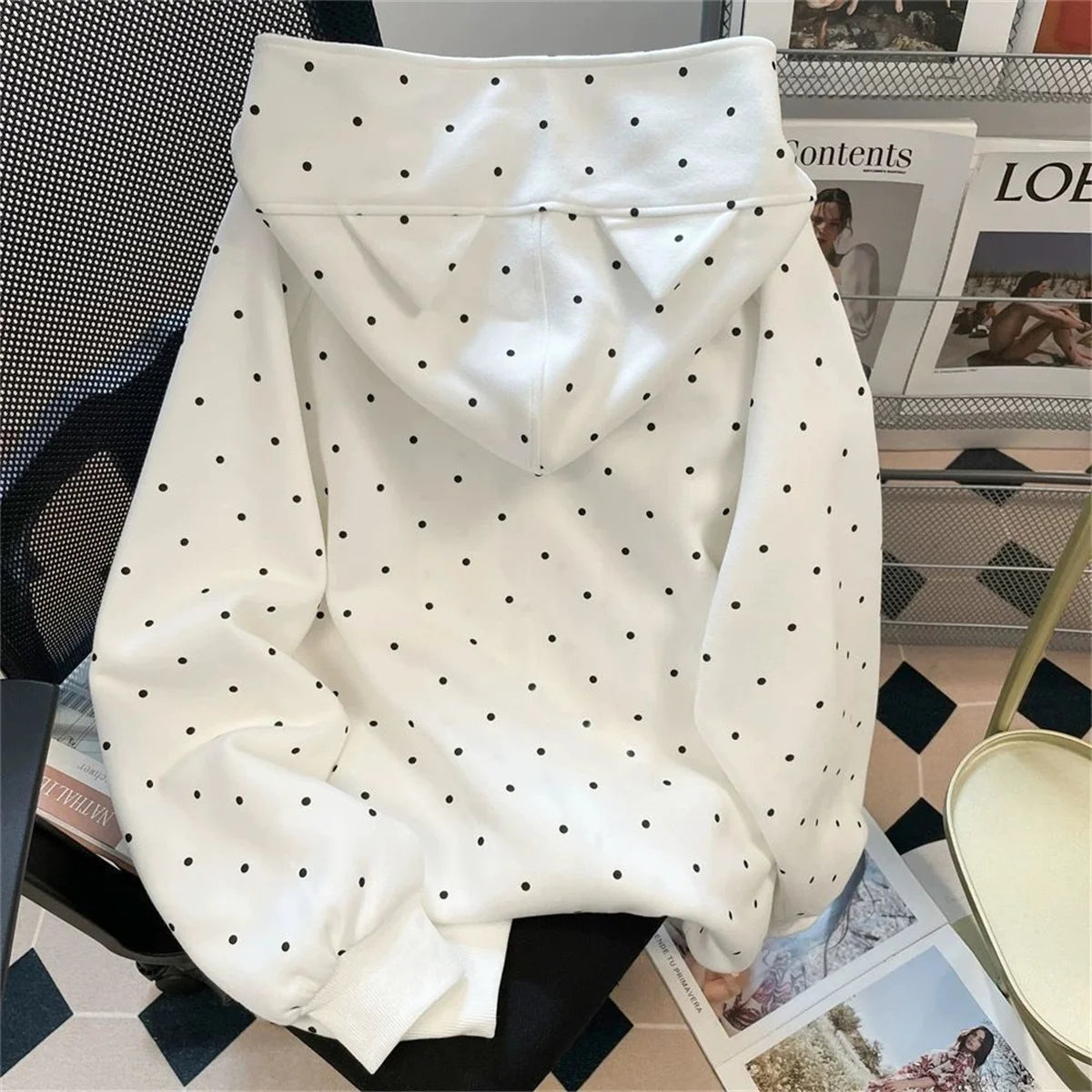 Women Dot Cartoon White Hoodies Spring Cute Long Sleeve Retro Sweatshirt Fall Japan Preppy Style Kawaii Female All Match Tops