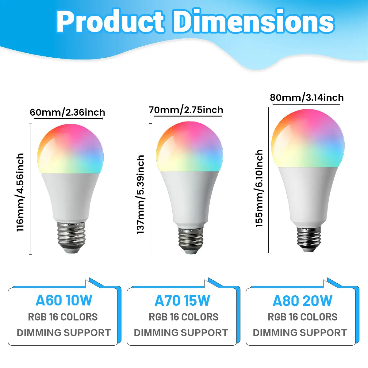 three led bulb rgbw dimmable color changing spotlights with white plastic bodies and metallic screw bases displaying rainbow gradient glow.