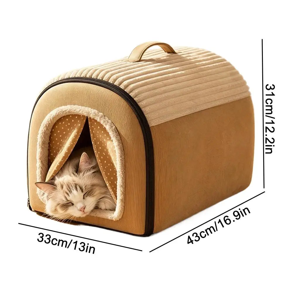 Beige corduroy and plush pet bed cave with a washable warm cotton interior and polka-dotted lining for comfortable pet use.