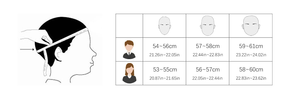 Head circumference measurement chart with size ranges for men and women for the sugar skull rivet snapback baseball cap.