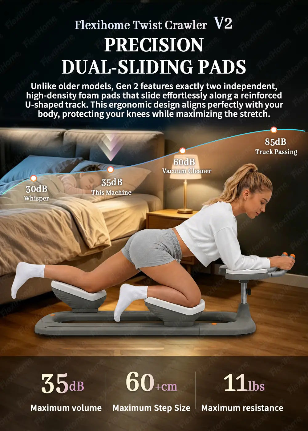 Flexihome twist crawler v2 abdomen exercise portable back stretching crawling machine with gray and white dual-sliding foam pads for ergonomic knee support during stretching.