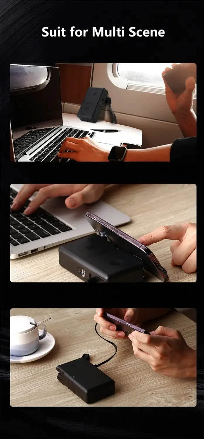 Black rectangular magnetic wireless power bank with a matte finish and visible charging port on the side featuring 20000mah capacity and 65w fast charging.